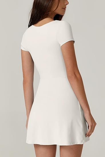 Womens Square Neck Tennis Dress Short Sleeve Built in Shorts Golf Athletic Dress with Pockets