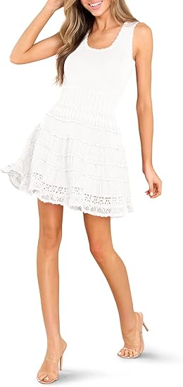 Womens Summer Mini Dresses Casual Crewneck Knitted Crochet Hem Flowy Tank Sundress