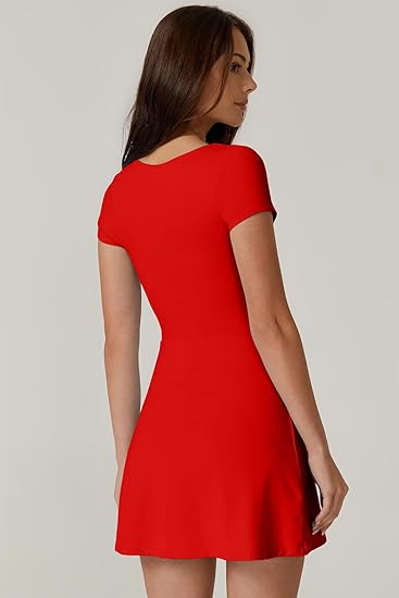 Womens Square Neck Tennis Dress Short Sleeve Built in Shorts Golf Athletic Dress with Pockets
