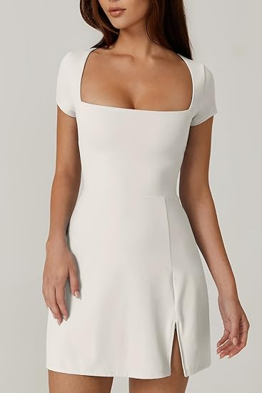 Womens Square Neck Tennis Dress Short Sleeve Built in Shorts Golf Athletic Dress with Pockets