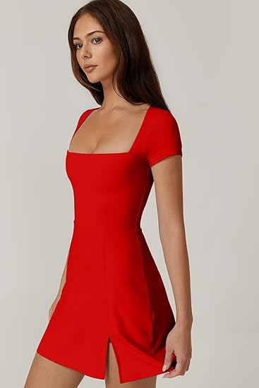 Womens Square Neck Tennis Dress Short Sleeve Built in Shorts Golf Athletic Dress with Pockets