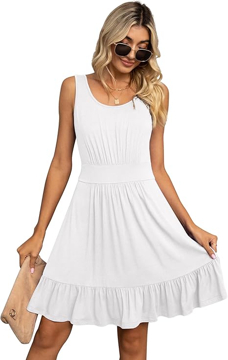 Women's Summer Casual U Neck Sundresses Pleated Knee Length Sleeveless Tank Dress
