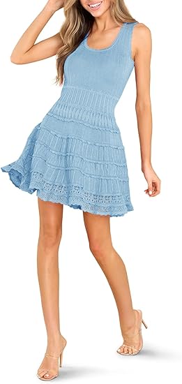 Womens Summer Mini Dresses Casual Crewneck Knitted Crochet Hem Flowy Tank Sundress