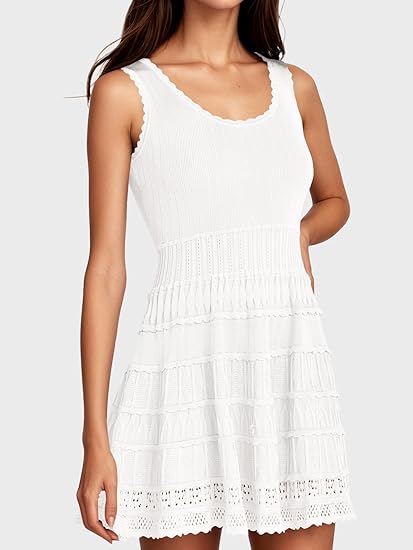 Womens Summer Mini Dresses Casual Crewneck Knitted Crochet Hem Flowy Tank Sundress