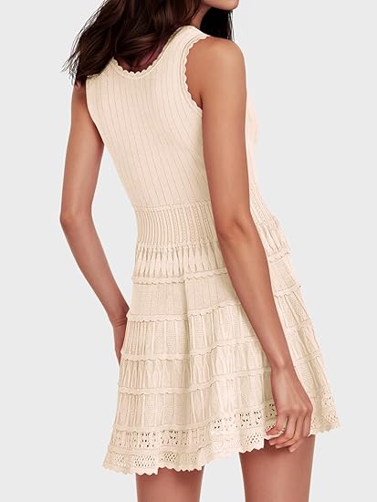 Womens Summer Mini Dresses Casual Crewneck Knitted Crochet Hem Flowy Tank Sundress