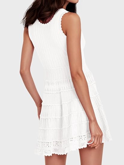 Womens Summer Mini Dresses Casual Crewneck Knitted Crochet Hem Flowy Tank Sundress