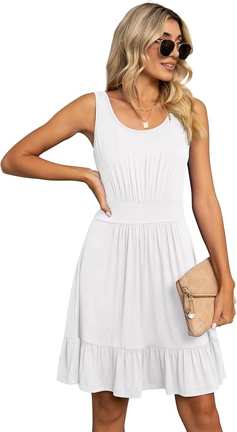 Women's Summer Casual U Neck Sundresses Pleated Knee Length Sleeveless Tank Dress