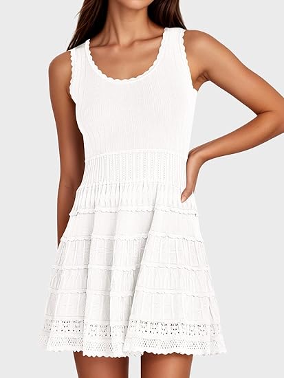 Womens Summer Mini Dresses Casual Crewneck Knitted Crochet Hem Flowy Tank Sundress