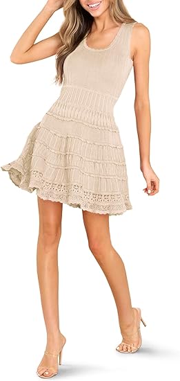 Womens Summer Mini Dresses Casual Crewneck Knitted Crochet Hem Flowy Tank Sundress