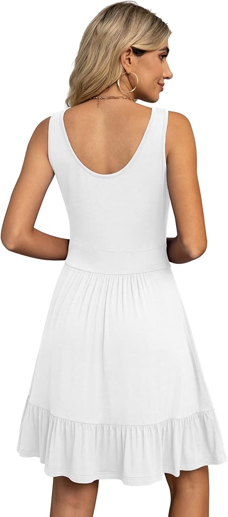 Women's Summer Casual U Neck Sundresses Pleated Knee Length Sleeveless Tank Dress