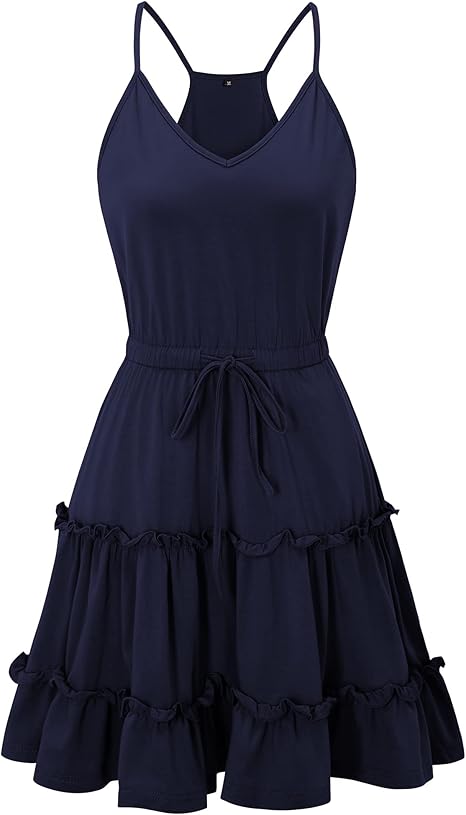 Newshows Women's 2025 Summer Dress Spaghetti Strap Casual Boho Beach Vacation Outfits Drawstring Ruffle Hem Sundress Trendy