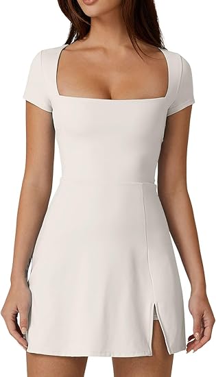 Womens Square Neck Tennis Dress Short Sleeve Built in Shorts Golf Athletic Dress with Pockets