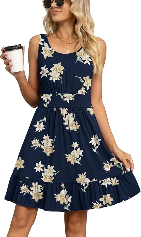 Women's Summer Casual U Neck Sundresses Pleated Knee Length Sleeveless Tank Dress
