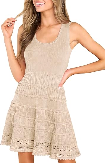 Womens Summer Mini Dresses Casual Crewneck Knitted Crochet Hem Flowy Tank Sundress