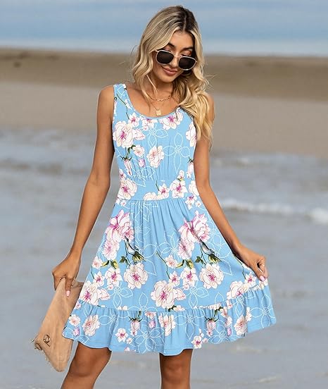 Women's Summer Casual U Neck Sundresses Pleated Knee Length Sleeveless Tank Dress