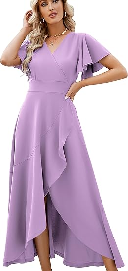 Long Black Formal Dresses for Women Gowns Evening Party Cocktail Dress,Split Elegant V Neck Wrap Ruffle Wedding Guest Dresses