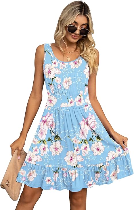 Women's Summer Casual U Neck Sundresses Pleated Knee Length Sleeveless Tank Dress