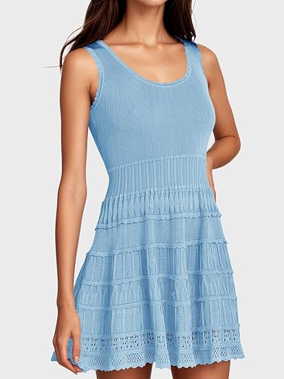 Womens Summer Mini Dresses Casual Crewneck Knitted Crochet Hem Flowy Tank Sundress