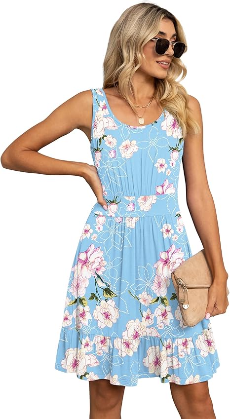 Women's Summer Casual U Neck Sundresses Pleated Knee Length Sleeveless Tank Dress