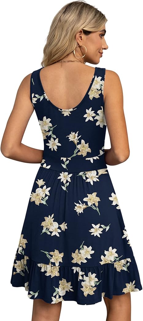 Women's Summer Casual U Neck Sundresses Pleated Knee Length Sleeveless Tank Dress