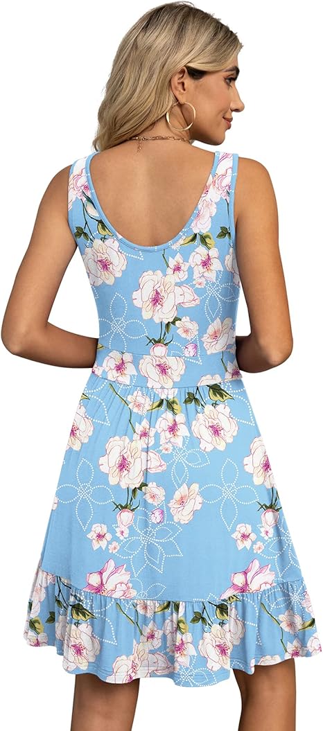Women's Summer Casual U Neck Sundresses Pleated Knee Length Sleeveless Tank Dress