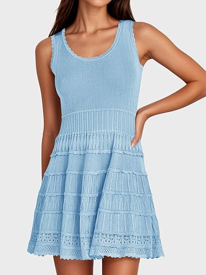 Womens Summer Mini Dresses Casual Crewneck Knitted Crochet Hem Flowy Tank Sundress