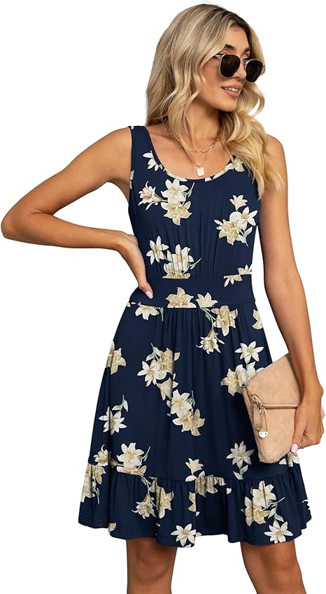 Women's Summer Casual U Neck Sundresses Pleated Knee Length Sleeveless Tank Dress