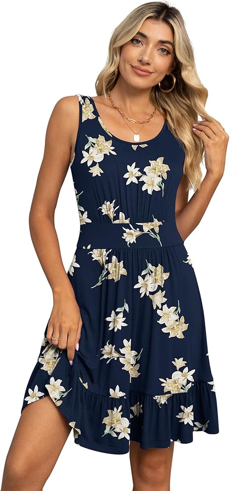 Women's Summer Casual U Neck Sundresses Pleated Knee Length Sleeveless Tank Dress