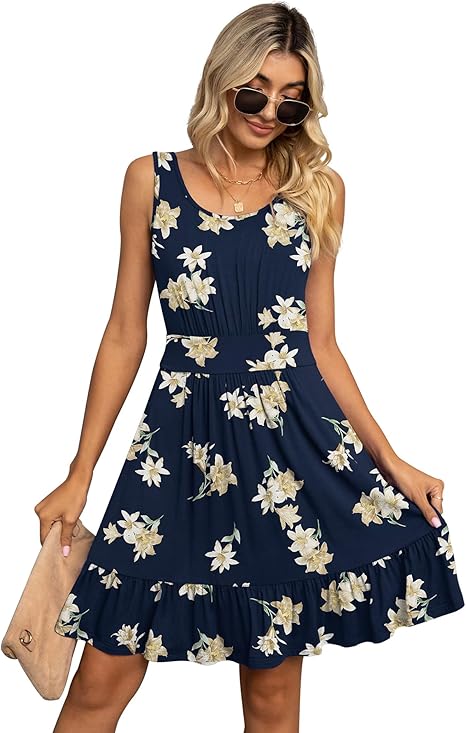Women's Summer Casual U Neck Sundresses Pleated Knee Length Sleeveless Tank Dress