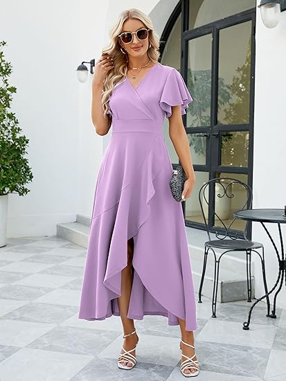 Long Black Formal Dresses for Women Gowns Evening Party Cocktail Dress,Split Elegant V Neck Wrap Ruffle Wedding Guest Dresses